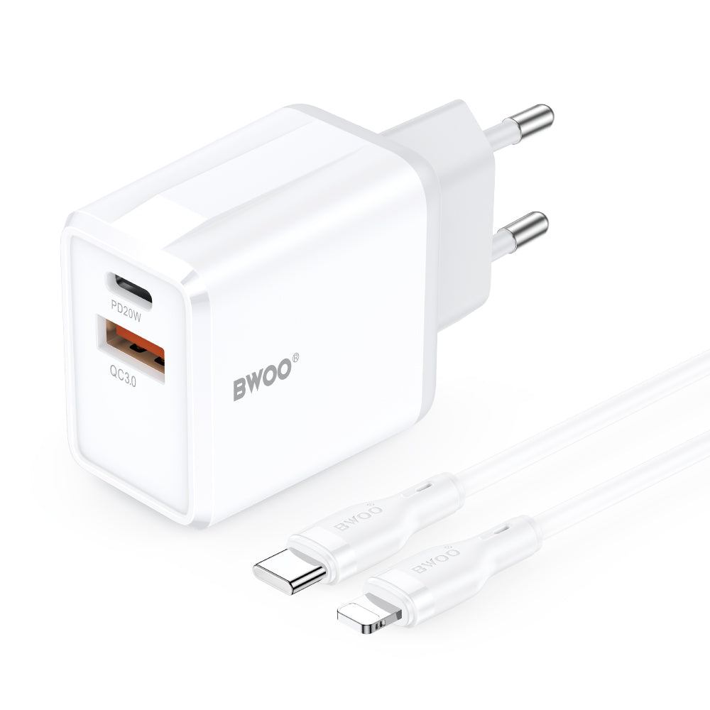 Nätadapter med Lightning-kabel BWOO CDA182, 38W, 3A, 1 x USB-A - 1 x USB-C, Vit
