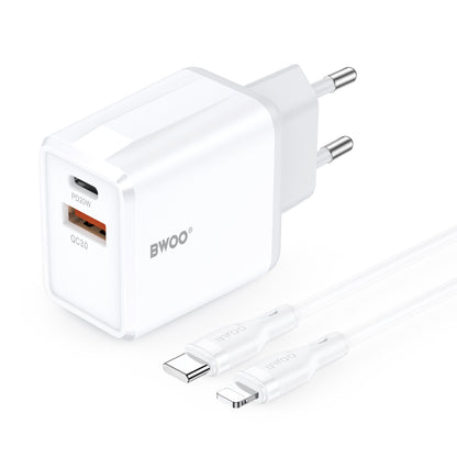 Nätadapter med Lightning-kabel BWOO CDA182, 38W, 3A, 1 x USB-A - 1 x USB-C, Vit