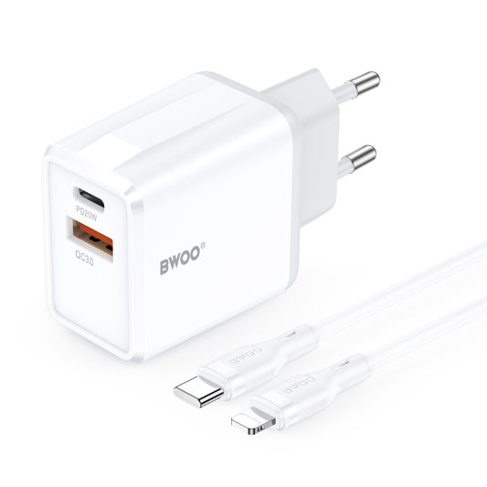Nätadapter med Lightning-kabel BWOO CDA182, 38W, 3A, 1 x USB-A - 1 x USB-C, Vit