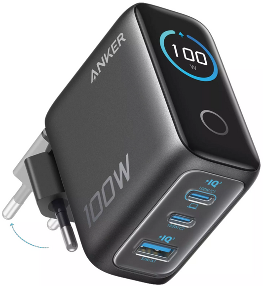 Nätadapter med USB-C-kabel Anker Smart Display, 100W, 5A, 1 x USB-A - 2 x USB-C, Grå, Omslaget B121BGZ1