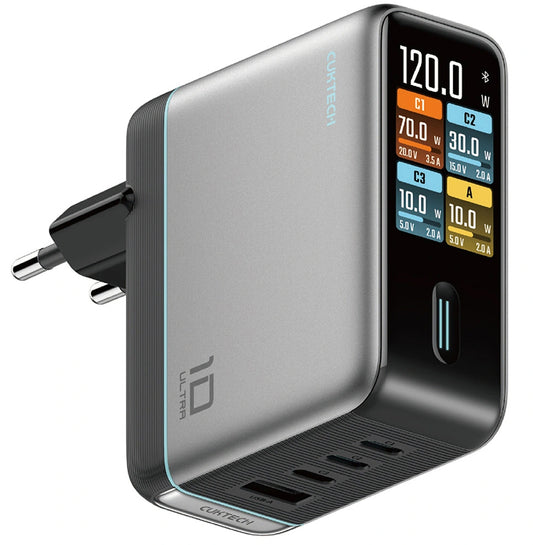 Nätadapter med USB-C-kabel Cuktech AD1204U Display, 120W, 6A, 1 x USB-A - 2 x USB-C, Silver