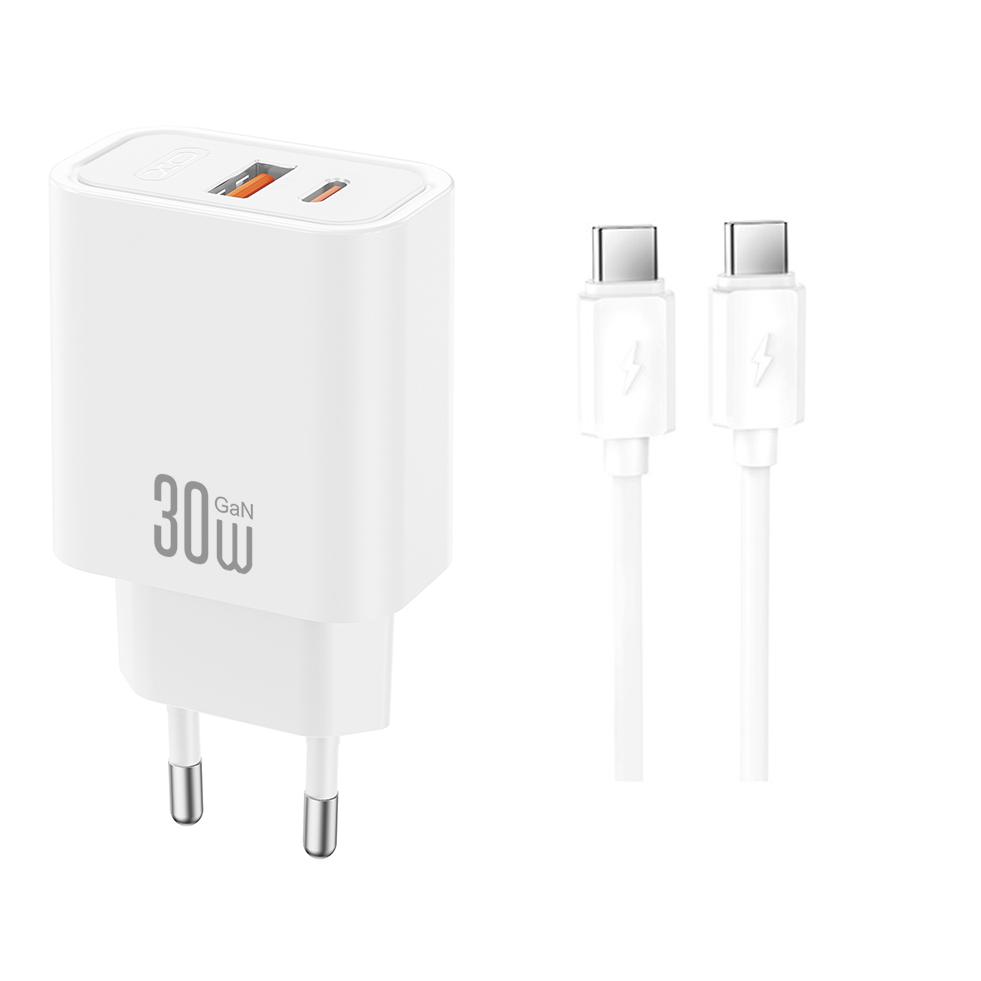 XO Design CE42 USB-C Cable Wall Charger, 30W, 3A, 1 x USB-A - 1 x USB-C, White