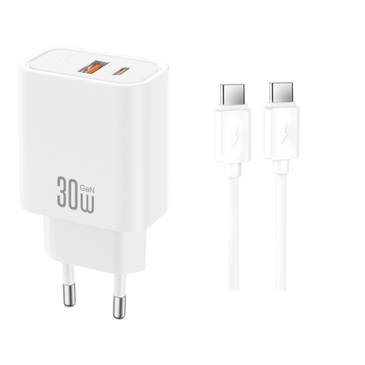 Nätadapter med USB-C-kabel XO Design CE42, 30W, 3A, 1 x USB-A - 1 x USB-C, Vit