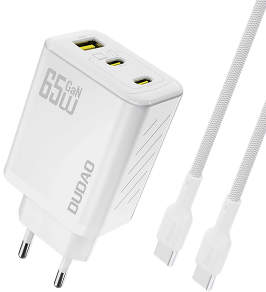 Nätadapter med USB-C-kabel Dudao A29C, 65W, 3,25A, 1 x USB-A - 2 x USB-C, Vit
