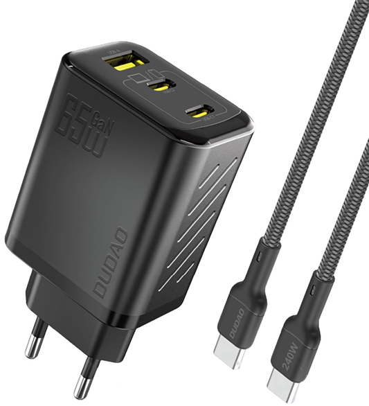 Nätadapter med USB-C-kabel Dudao A29C, 65W, 3,25A, 1 x USB-A - 2 x USB-C, Svart