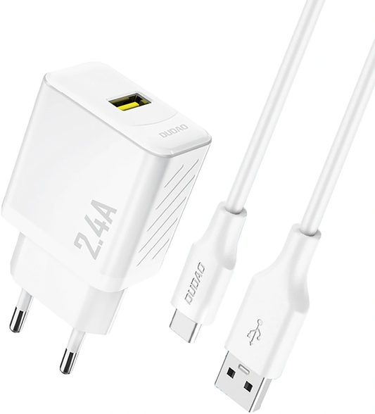 Nätadapter med USB-C-kabel Dudao A23TEU, 12W, 2.4A, 1 x USB-A, Vit