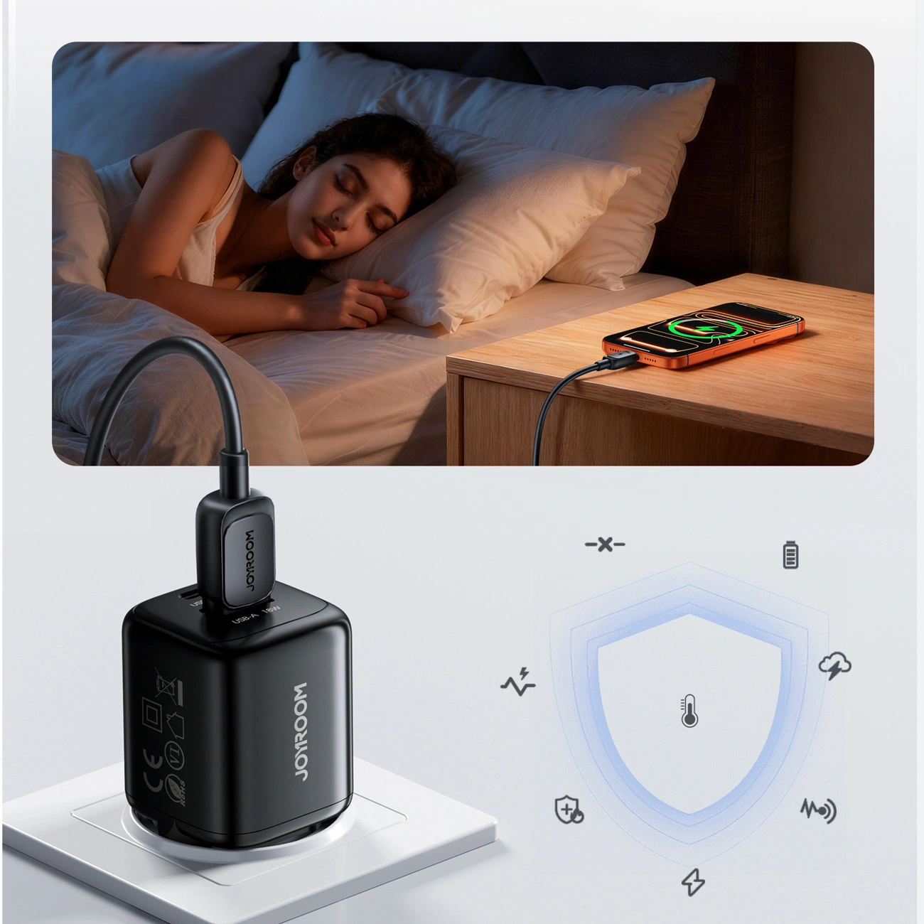 Nätadapter med USB-C-kabel Joyroom JR-TG7, 33W, 3A, 1 x USB-A - 1 x USB-C, Svart