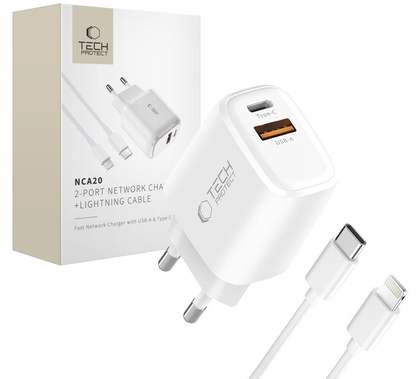 Nätadapter med Lightning-kabel Tech-Protect NCA20, 20W, 3A, 1 x USB-A - 1 x USB-C, Vit