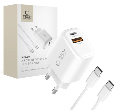 Nätadapter med USB-C-kabel Tech-Protect NCA20, 20W, 3A, 1 x USB-A - 1 x USB-C, Vit