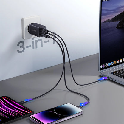 Nätverksladdare med USB-C-kabel Joyroom TCG01, 65W, 3.25A, 1 x USB-A - 2 x USB-C, Svart