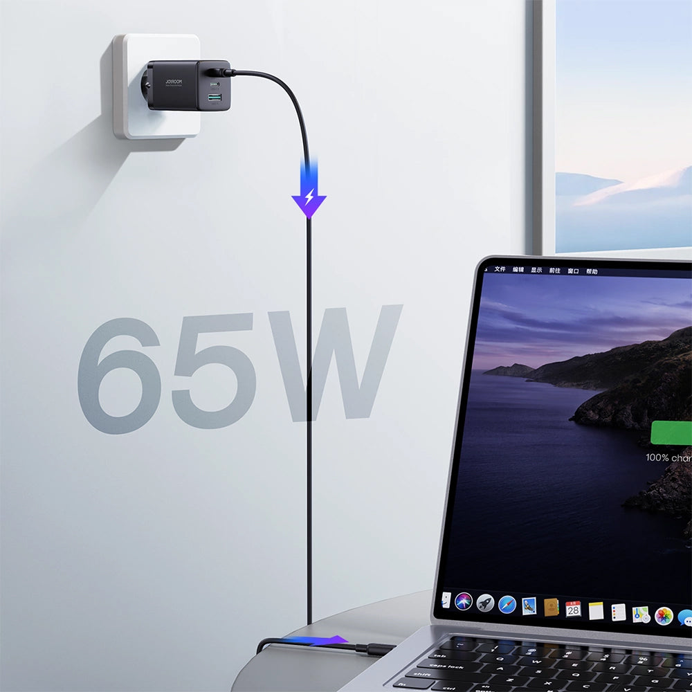 Nätverksladdare med USB-C-kabel Joyroom TCG01, 65W, 3.25A, 1 x USB-A - 2 x USB-C, Svart