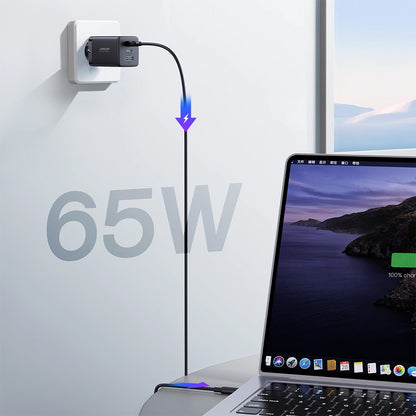 Nätverksladdare med USB-C-kabel Joyroom TCG01, 65W, 3.25A, 1 x USB-A - 2 x USB-C, Svart