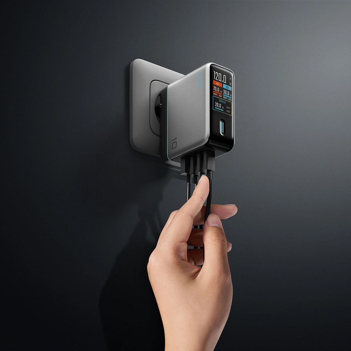 Nätadapter med USB-C-kabel Cuktech AD1204U Display, 120W, 6A, 1 x USB-A - 2 x USB-C, Silver