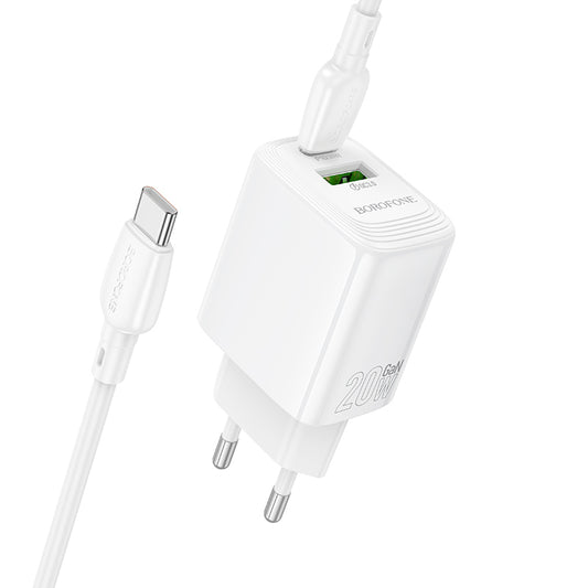 Nätverksladdare med USB-C-kabel Borofone BN27 Fuente, 20W, 3A, 1 x USB-A - 1 x USB-C, Vit
