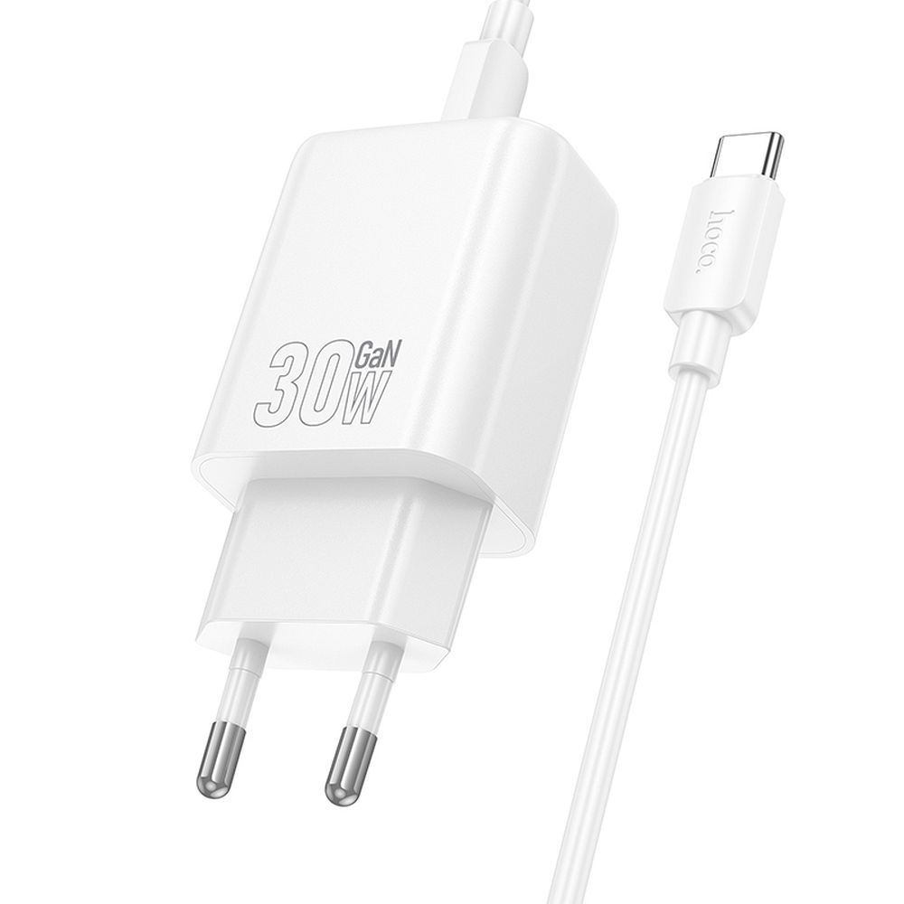 Nätverksladdare med USB-C-kabel HOCO N62, 30W, 3A, 1 x USB-C, Vit