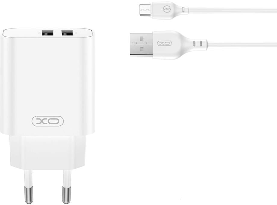 Nätverksladdare med microUSB-kabel XO Design CE34, 12W, 2.4A, 2 x USB-A, Vit