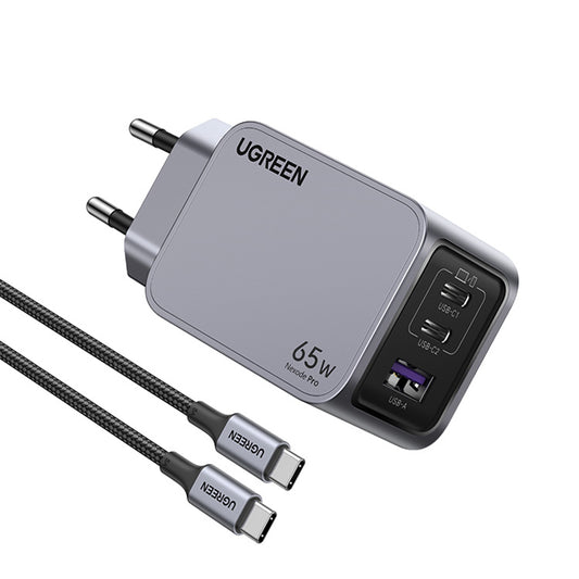 Nätverksladdare med USB-C-kabel UGREEN X755 Nexode Pro, 65W, 3A, 1 x USB-A - 2 x USB-C, Grå