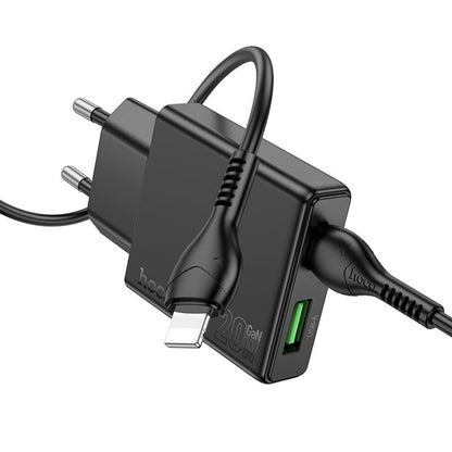 Network Charger with Lightning Cable HOCO N38, 20W, 3A, 1 x USB-A - 1 x USB-C, Black