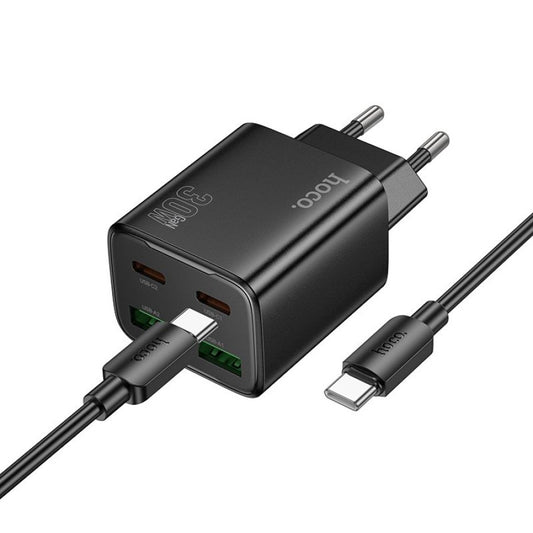 Nätverksladdare med USB-C-kabel HOCO N56, 30W, 3A, 2 x USB-A - 2 x USB-C, Svart