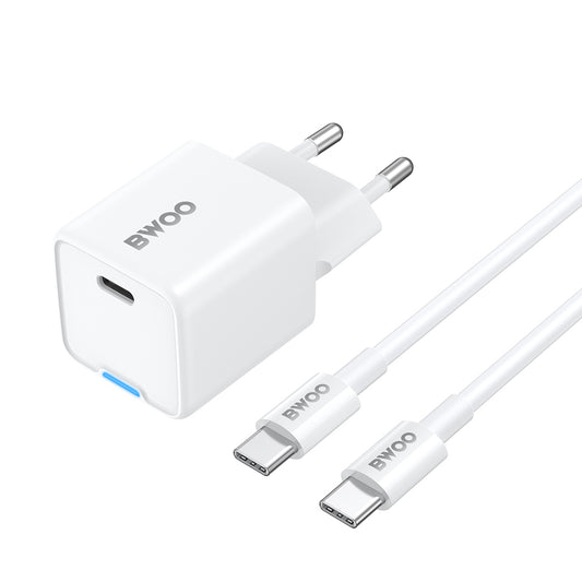 Nätverksladdare med USB-C-kabel BWOO CDA211, 30W, 3A, 1 x USB-C, Vit