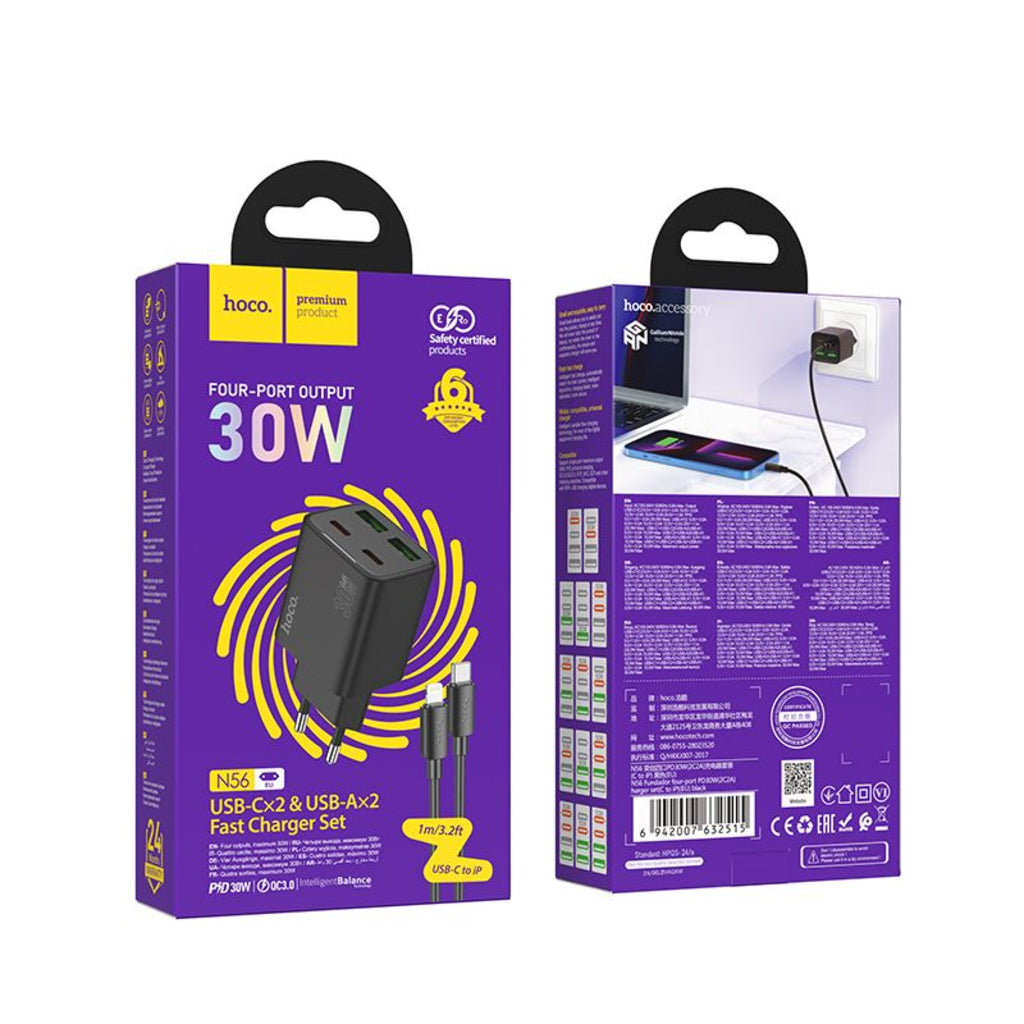 Nätverksladdare med Lightning-kabel HOCO N56, 30W, 3A, 2 x USB-A - 2 x USB-C, Svart