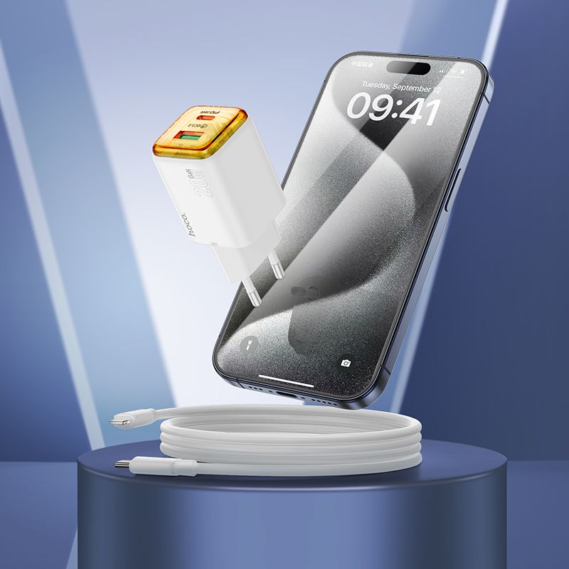 Nätverksladdare med USB-C-kabel HOCO N52, 20W, 3A, 1 x USB-A - 1 x USB-C, Vit