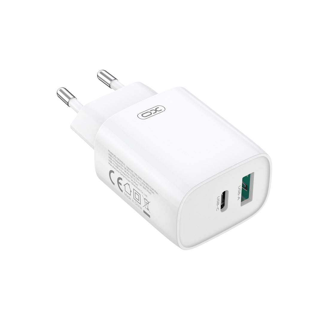 Nätverksladdare med USB-C-kabel XO Design CE29, 20W, 3A, 1 x USB-A - 1 x USB-C, Vit