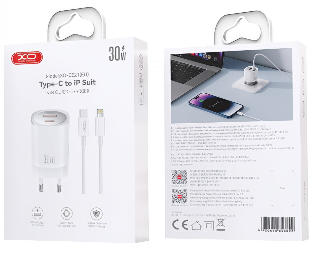 Nätverksladdare med Lightning-kabel XO Design CE21, 30W, 3A, 1 x USB-A - 1 x USB-C, Vit