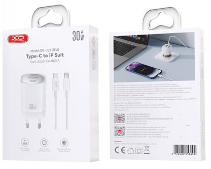 Nätverksladdare med Lightning-kabel XO Design CE21, 30W, 3A, 1 x USB-A - 1 x USB-C, Vit