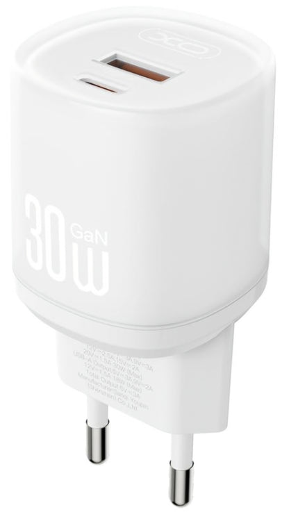 Nätverksladdare med USB-C-kabel XO Design L151, 30W, 3A, 1 x USB-A - 1 x USB-C, Vit