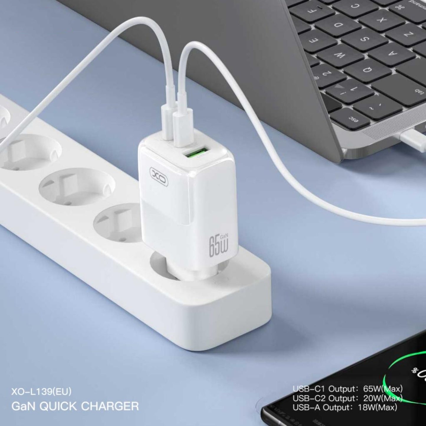 Nätverksladdare med USB-C-kabel XO Design L139, 65W, 4.5A, 1 x USB-A - 2 x USB-C, Vit