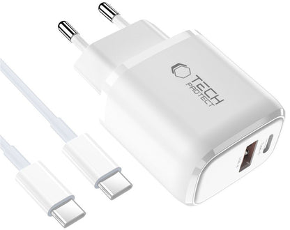 Nätverksladdare med USB-C-kabel Tech-Protect NCA45W, 45W, 3A, 1 x USB-A - 1 x USB-C, Vit