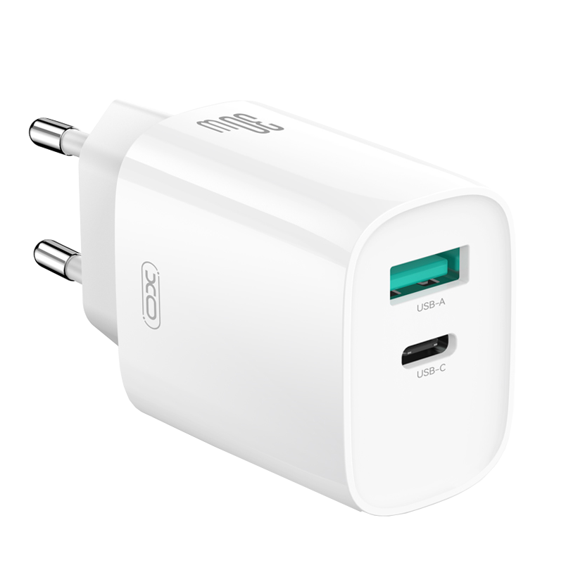 Nätverksladdare med Lightning-kabel XO Design CE30, 30W, 3A, 1 x USB-A - 1 x USB-C, Vit