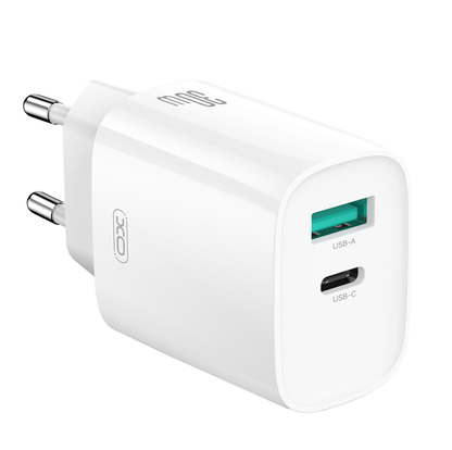 Nätverksladdare med Lightning-kabel XO Design CE30, 30W, 3A, 1 x USB-A - 1 x USB-C, Vit