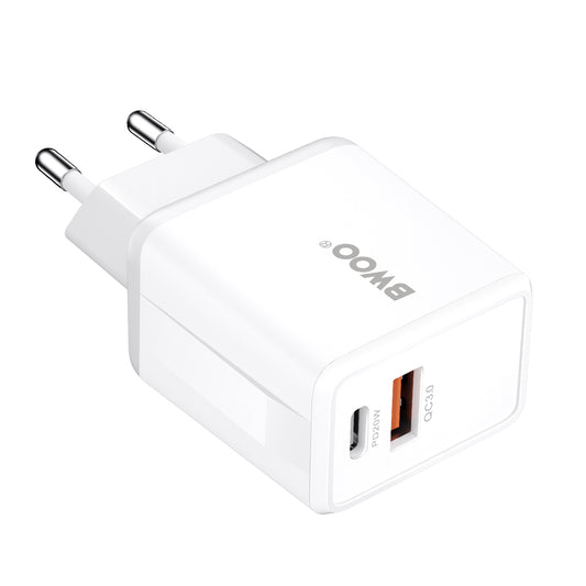 Nätverksladdare med USB-C-kabel BWOO CDA182, 38W, 3A, 1 x USB-A - 1 x USB-C, Vit