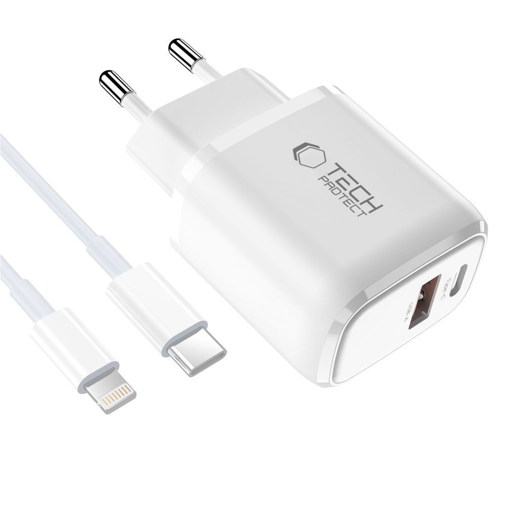 Nätadapter med Lightning-kabel Tech-Protect NCA20, 20W, 3A, 1 x USB-A - 1 x USB-C, Vit