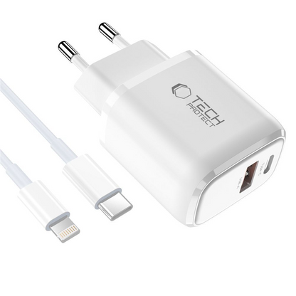 Nätadapter med Lightning-kabel Tech-Protect NCA20, 20W, 3A, 1 x USB-A - 1 x USB-C, Vit