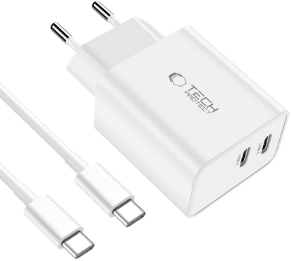 Nätadapter med USB-C-kabel Tech-Protect C35W, 35W, 3A, 2 x USB-C, Vit