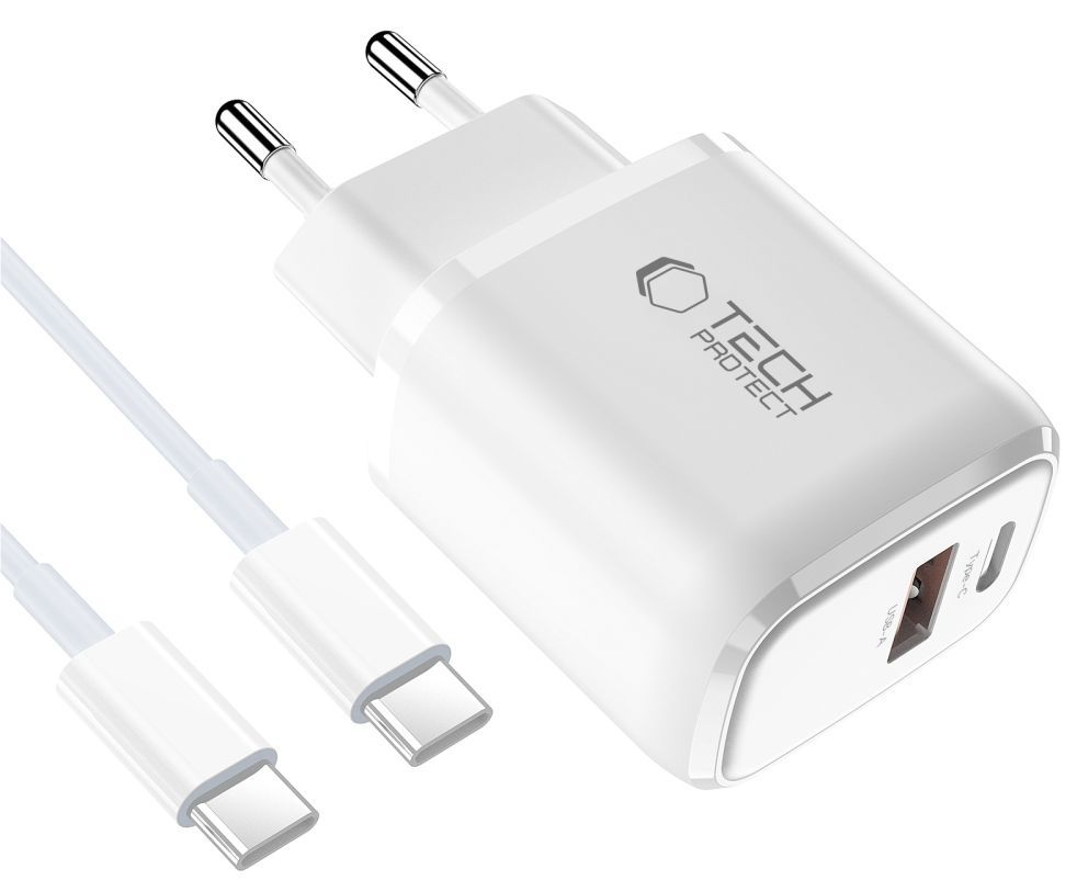 Nätadapter med USB-C-kabel Tech-Protect NCA20, 20W, 3A, 1 x USB-A - 1 x USB-C, Vit
