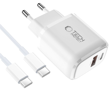 Nätadapter med USB-C-kabel Tech-Protect NCA20, 20W, 3A, 1 x USB-A - 1 x USB-C, Vit