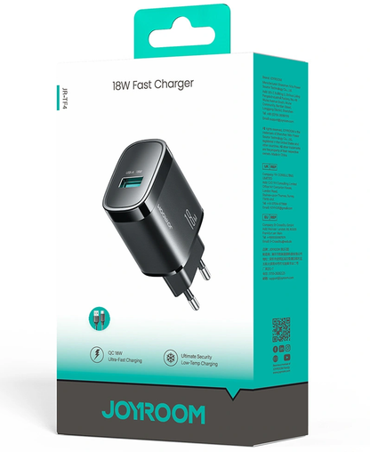 Nätadapter med USB-C-kabel Joyroom JR-TF4, 18W, 3A, 1 x USB-A, Svart