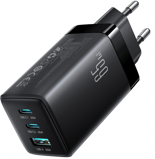 Nätadapter med USB-C-kabel Joyroom JR-TG10, 65W, 3,25A, 1 x USB-A - 2 x USB-C, Svart