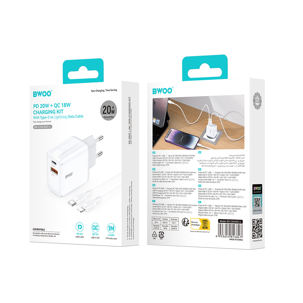 Nätadapter med Lightning-kabel BWOO CDA182, 38W, 3A, 1 x USB-A - 1 x USB-C, Vit