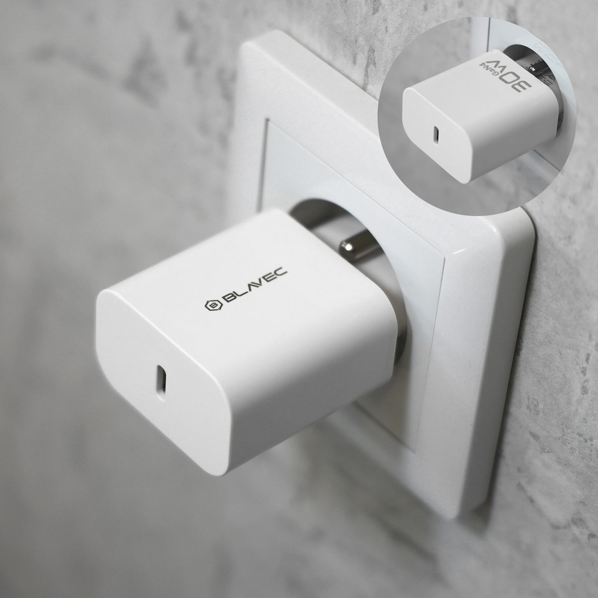 Blavec BC-14 väggladdare med USB-C-kabel, 30 W, 3 A, 1 × USB-C, vit