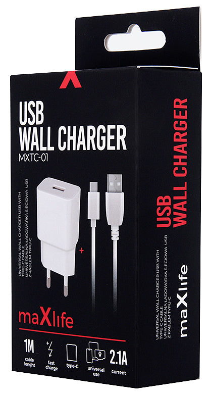 Nätadapter med USB-C-kabel MaXlife MXTC-01, 10,5W, 2,1A, 1 x USB-A, Vit