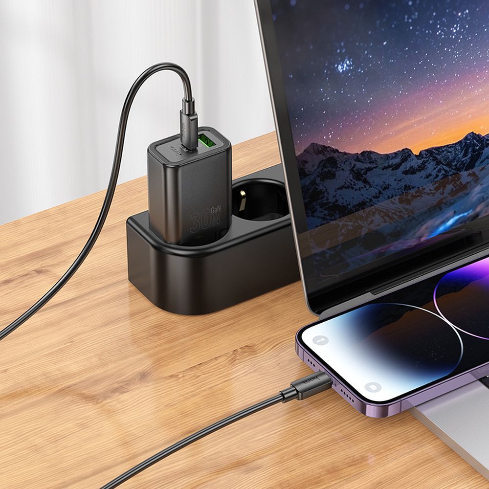 Nätverksladdare med Lightning-kabel HOCO N63, 30W, 3A, 1 x USB-A - 1 x USB-C, Svart
