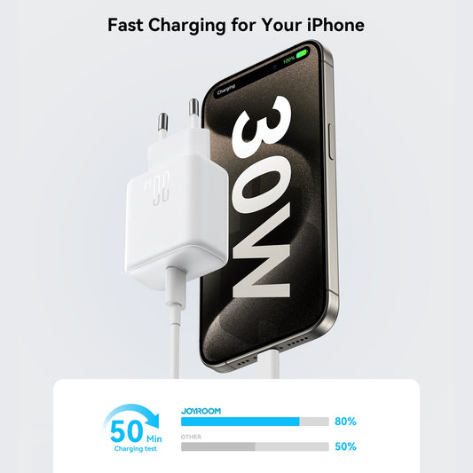 Nätverksladdare med USB-C-kabel Joyroom JR-TCF24, 30W, 3A, 1 x USB-C, Vit