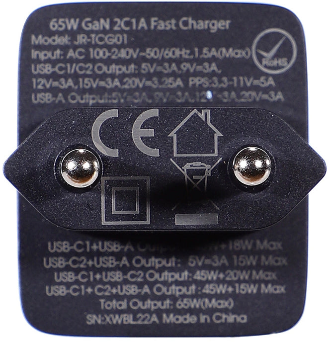 Nätverksladdare med USB-C-kabel Joyroom TCG01, 65W, 3.25A, 1 x USB-A - 2 x USB-C, Svart