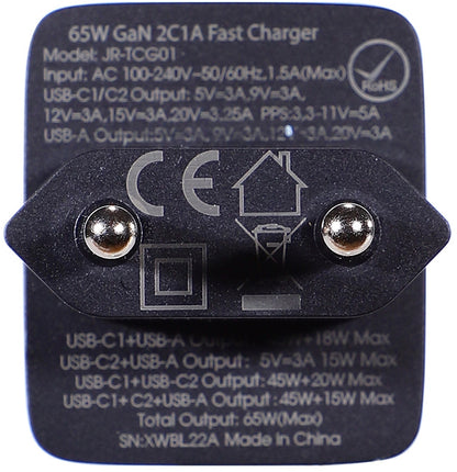 Nätverksladdare med USB-C-kabel Joyroom TCG01, 65W, 3.25A, 1 x USB-A - 2 x USB-C, Svart
