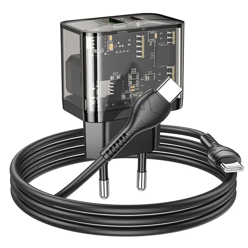 Network Charger with USB-C Cable HOCO N34, 20W, 3A, 1 x USB-A - 1 x USB-C, Transparent